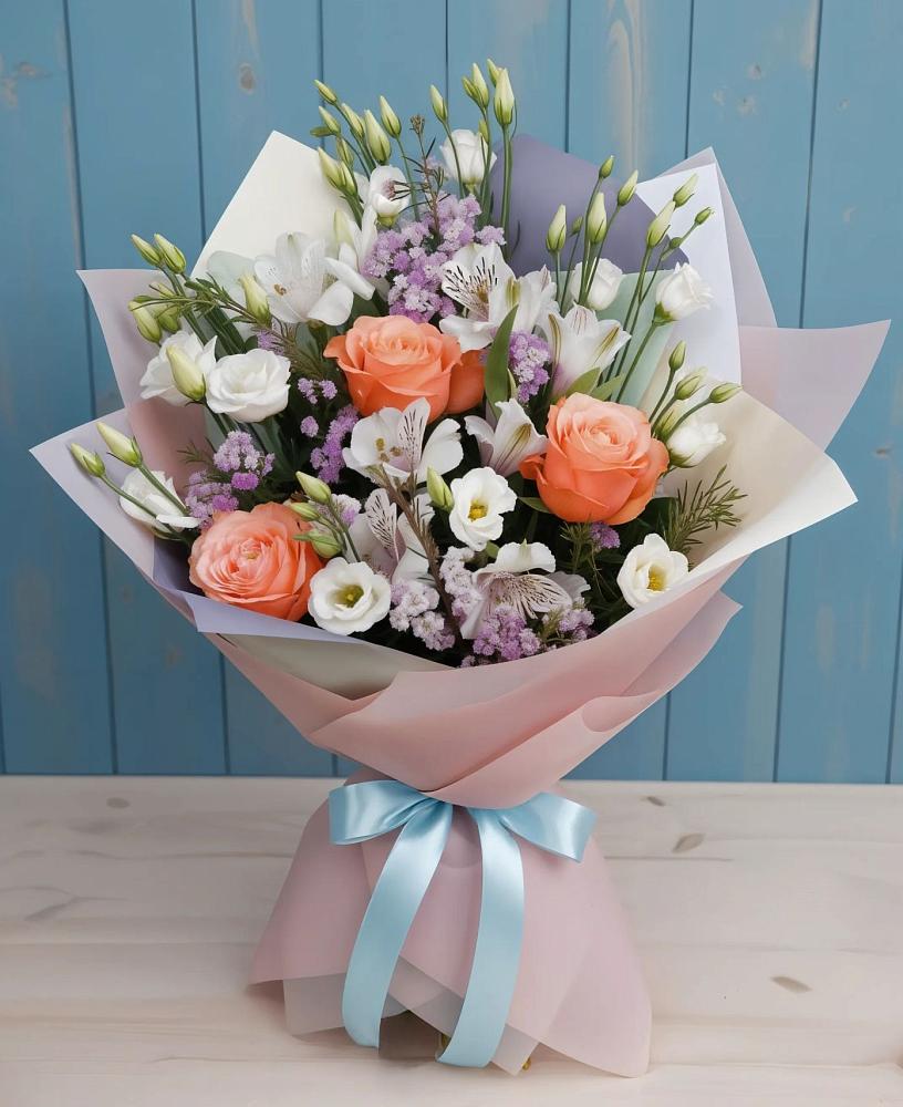 Букет цветов из: Лизиантусы, Розы, Альстромерии и Гипсофила в Кукморе